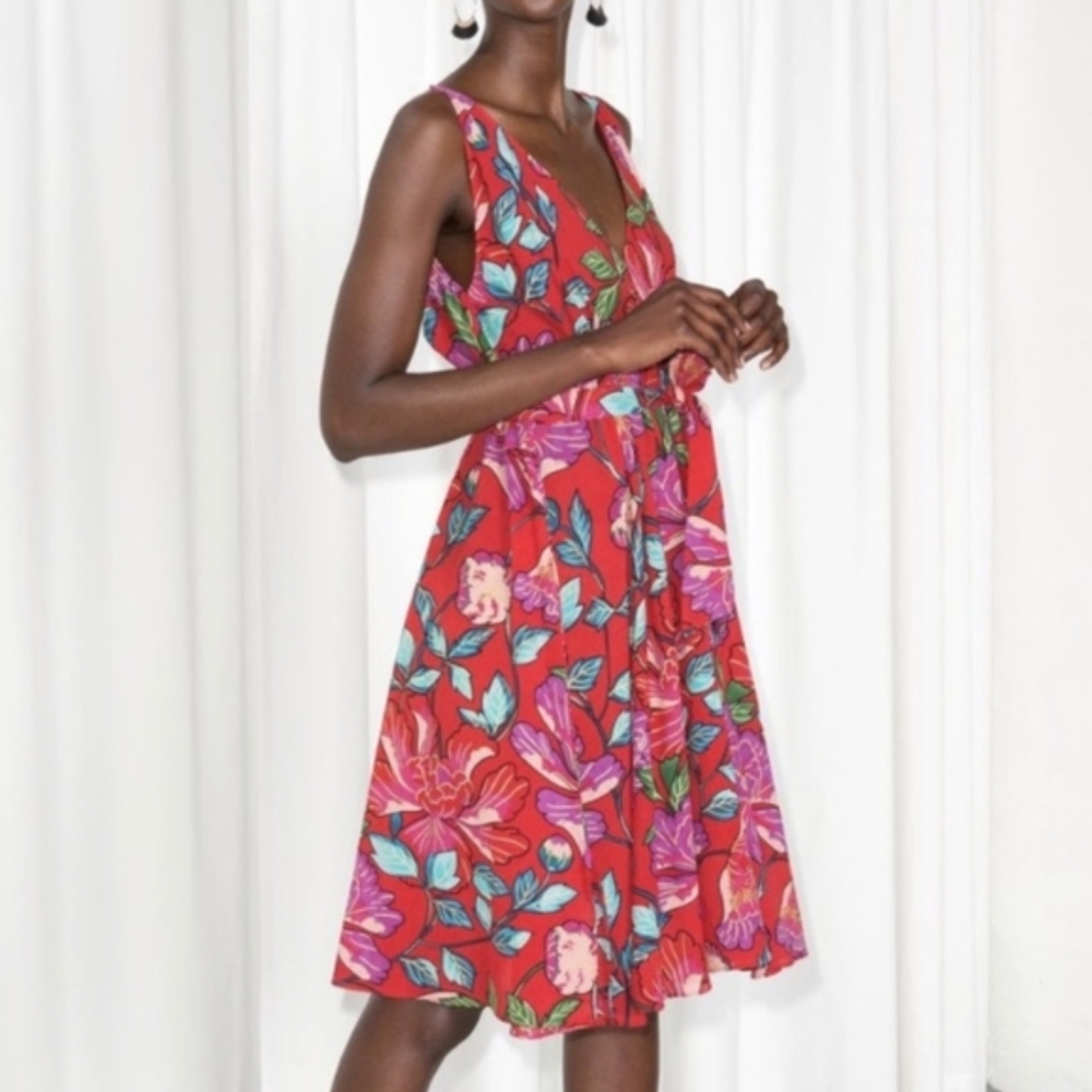 & Other Stories Floral Red and Pink Sleeveless Dress Cotton Size 12